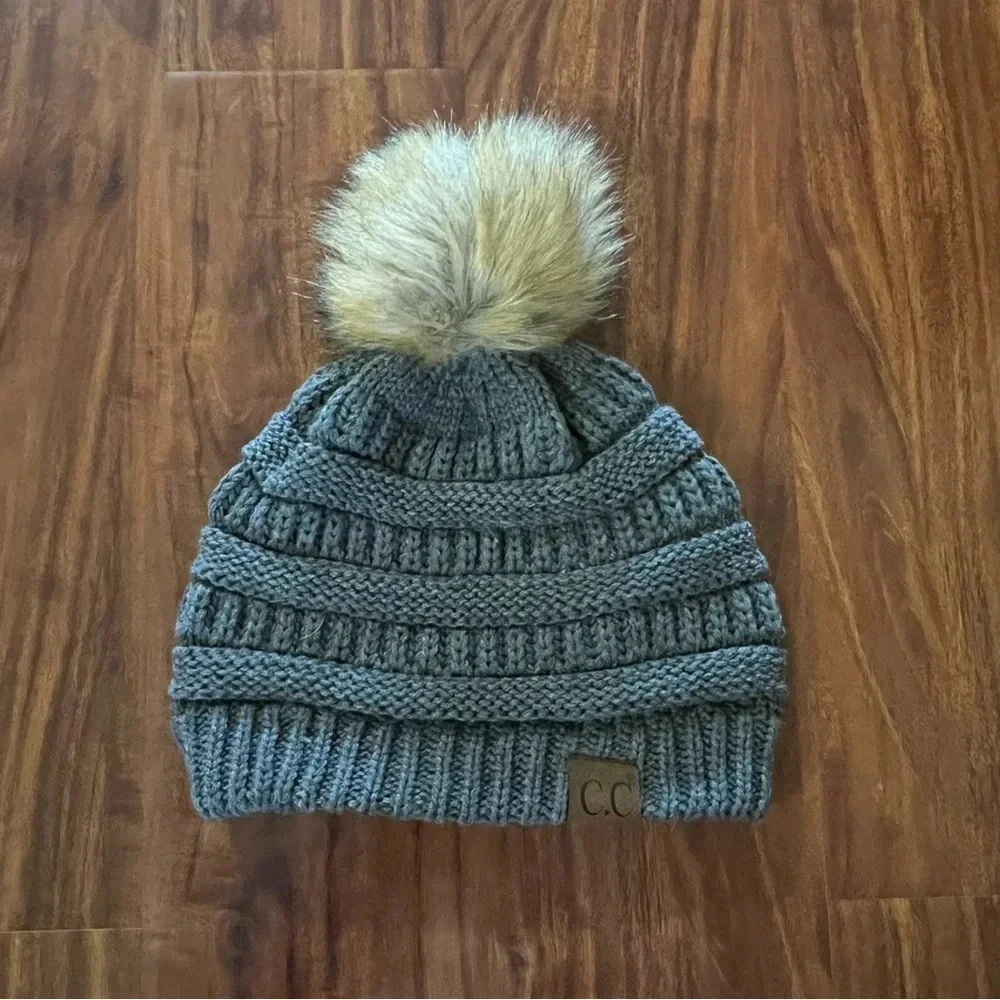 CC Grey Cable Knit Faux Fur Pom Beanie with Tan Pom Pom